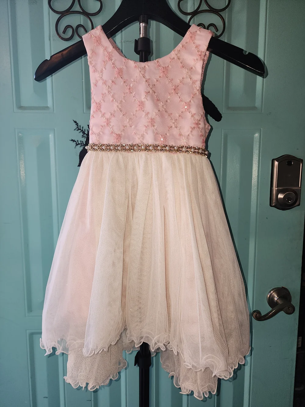 Girls' Pink and Cream Sparkle Waist Party Dress